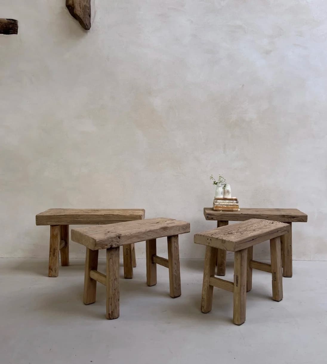 Pair of small reclaimed elm benches