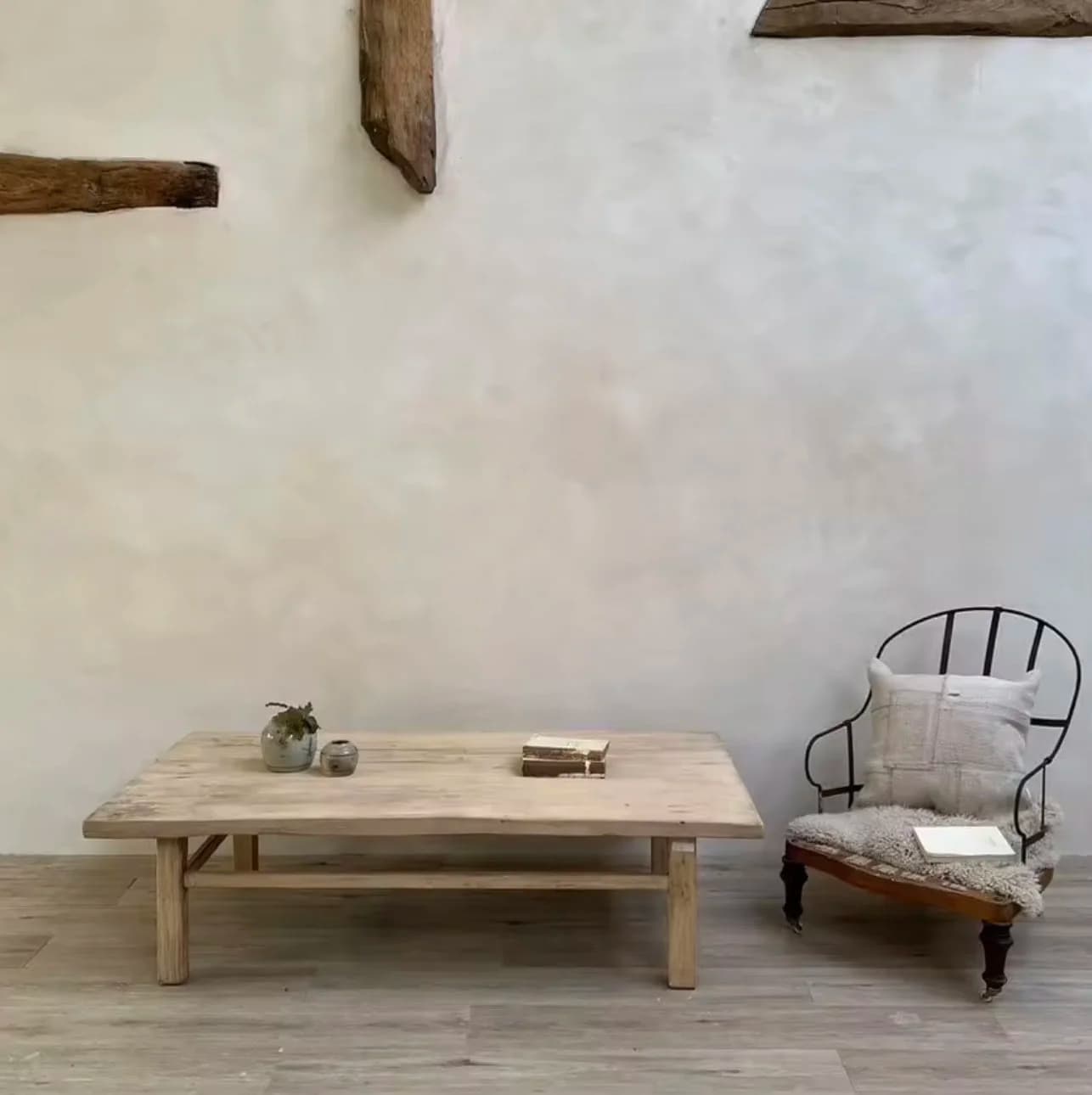 Rustic elm side table with vintage chair