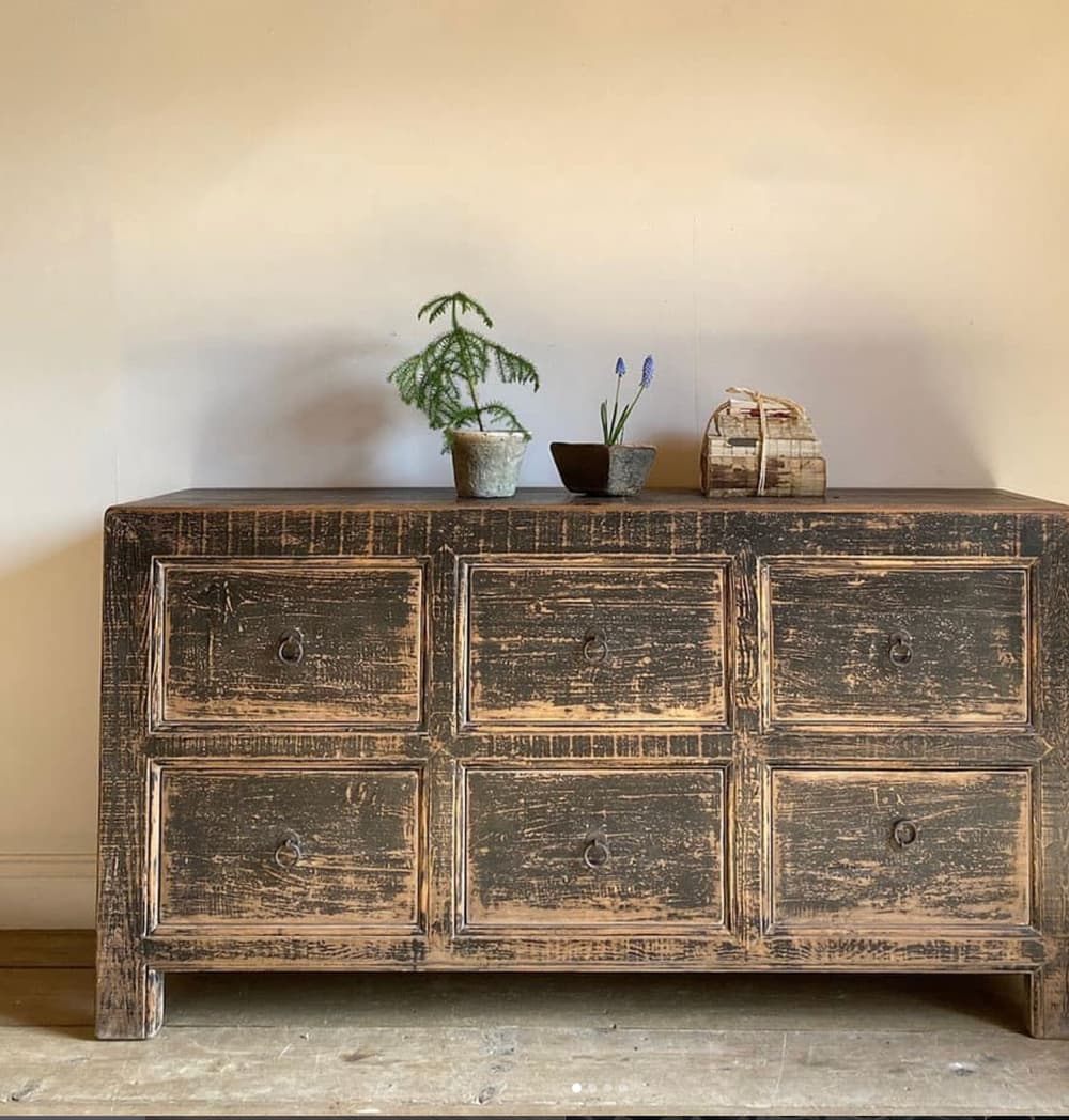 Antique elm drawer unit with original black patina