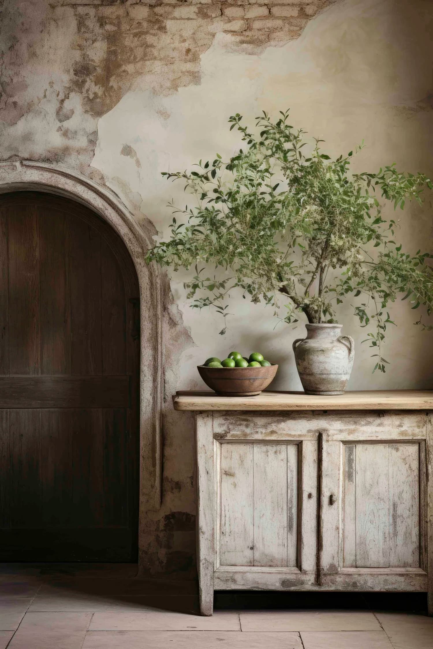 Sun-bleached reclaimed console table in a hallway