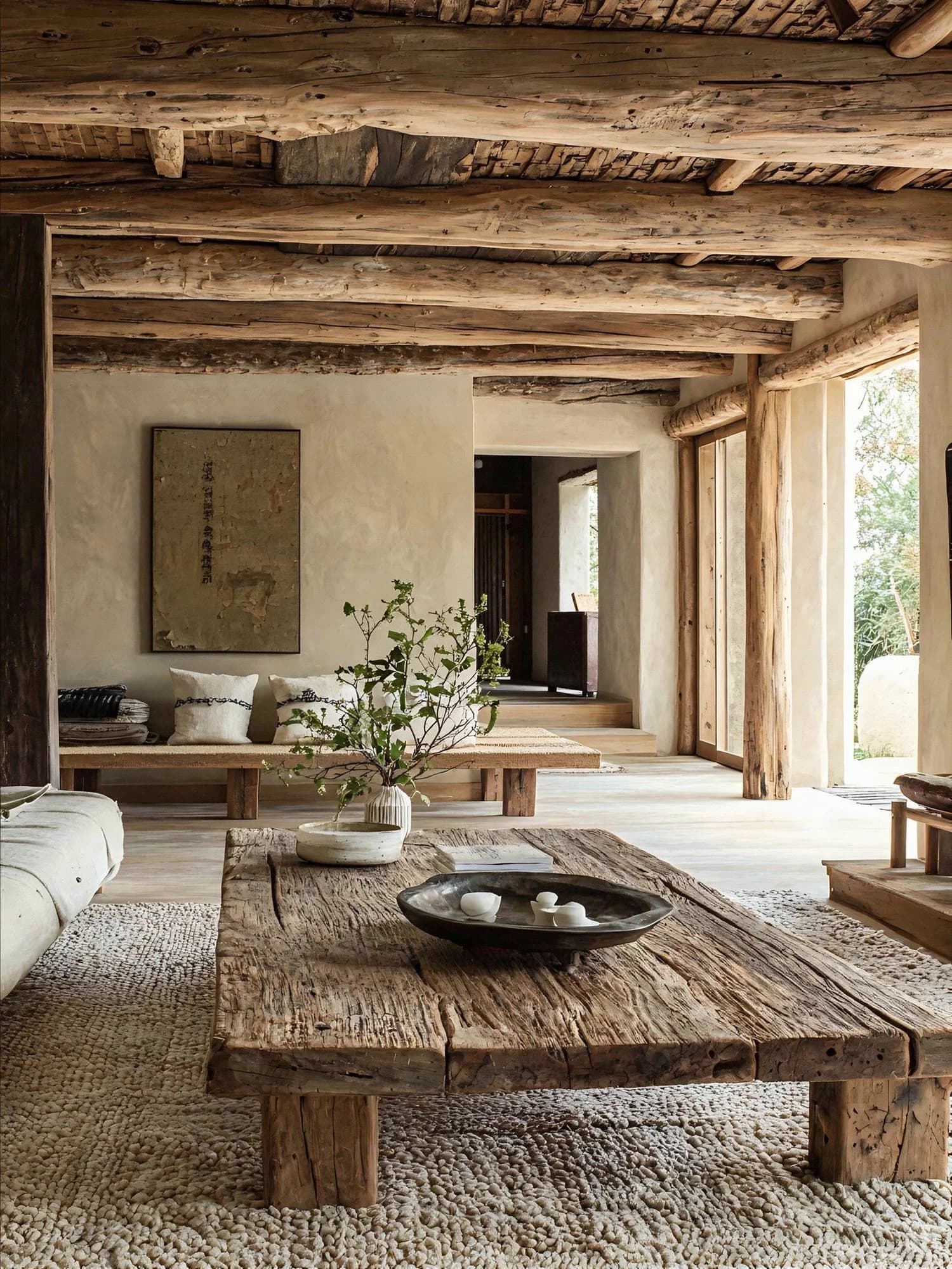 Reclaimed timber coffee table in a calm, linen-dressed living room