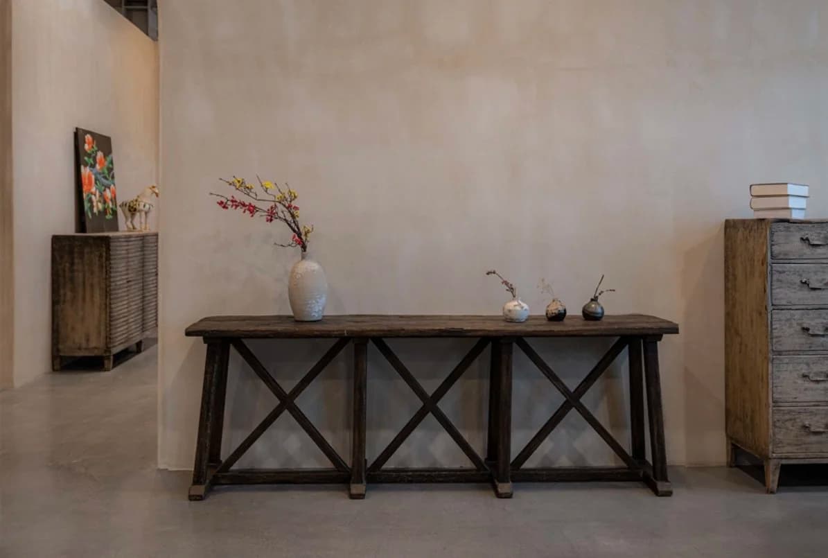 Rustic elm coffee table with weathered pale top