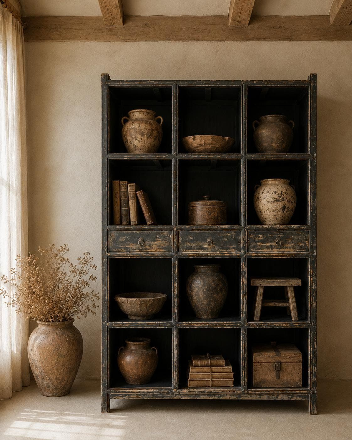 Blackened timber shelving unit styled with antique pottery, bowls and books